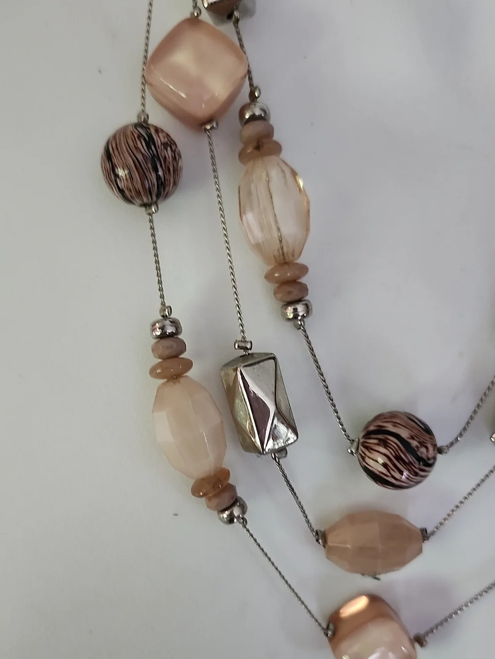 Multi-Strand Beige Stone & Silver Bead Necklace - NY Collection